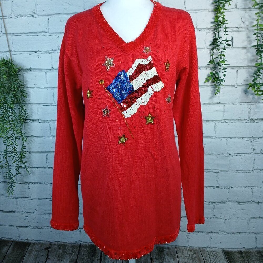 WOMENS VINTAGE QUACKER FACTORY PATRIOTIC SEQUIN FLAG SWEATER RAMIE COTTON SMALL